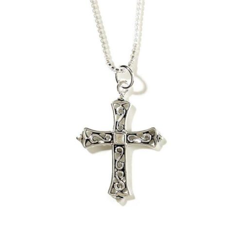 714611137795 Open Scroll Budded Cross With Square Center CZ