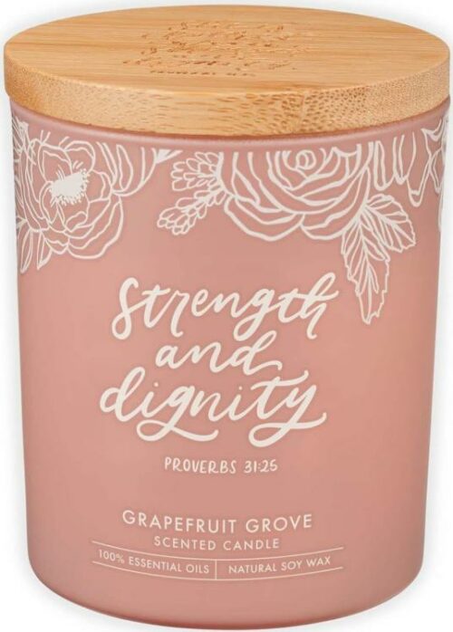 1220000328310 Strength And Dignity Grapefruit Scented Candle In A Peach Glass Jar Proverb