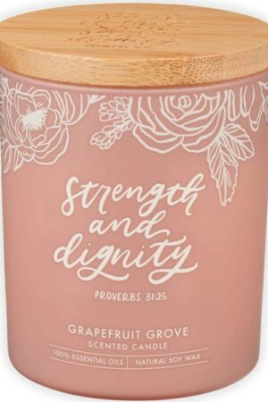 1220000328310 Strength And Dignity Grapefruit Scented Candle In A Peach Glass Jar Proverb